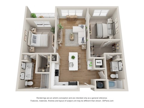 Floor plan for 2 beds, 2 baths, 1052 sqft